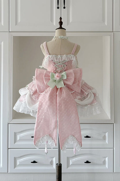 Blush Sleeveless Embroidered Bow Lace Pearl JSK with Ruffles - Honey Rose