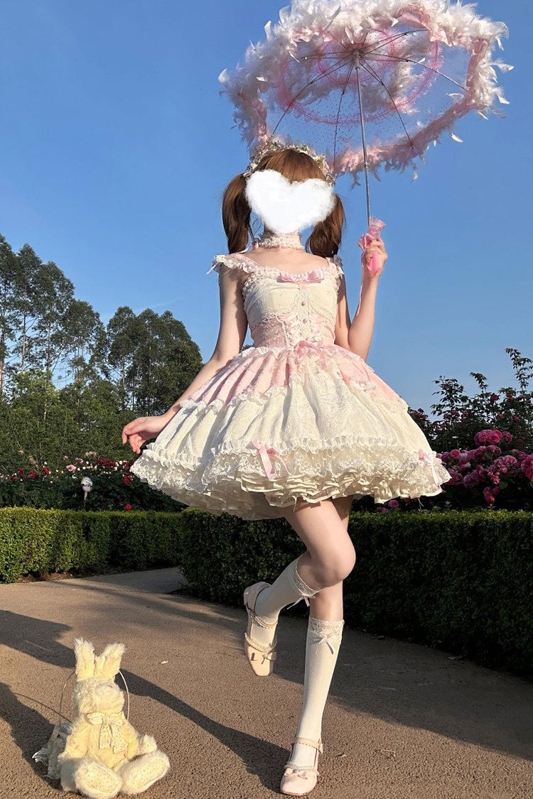 Blush Sleeveless Bow-Trimmed Lace JSK with Ruffle Accents - Leiffu