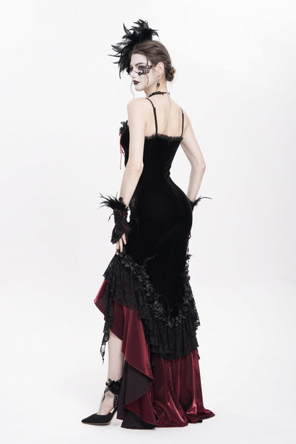 Crimson & Obsidian Sleeveless Cross Ruffled Floral Embroidered Chain-Decorated Gothic Long Slip Dress