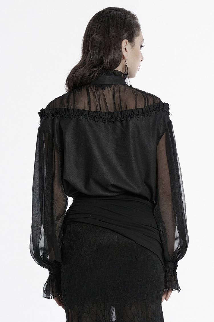 Sheer Mesh Gothic Blouse - Women's Ruffled Long-Sleeve