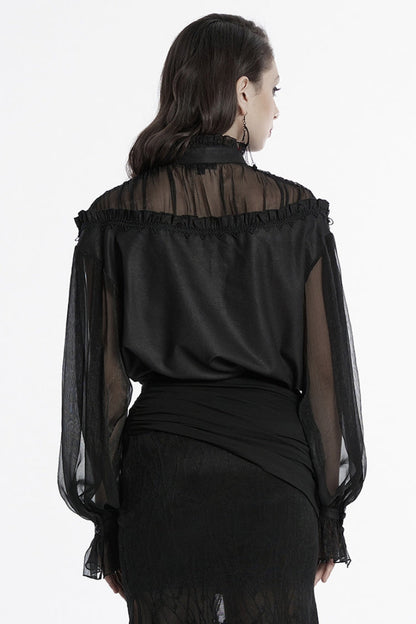 Sheer Mesh Gothic Blouse - Women's Ruffled Long-Sleeve