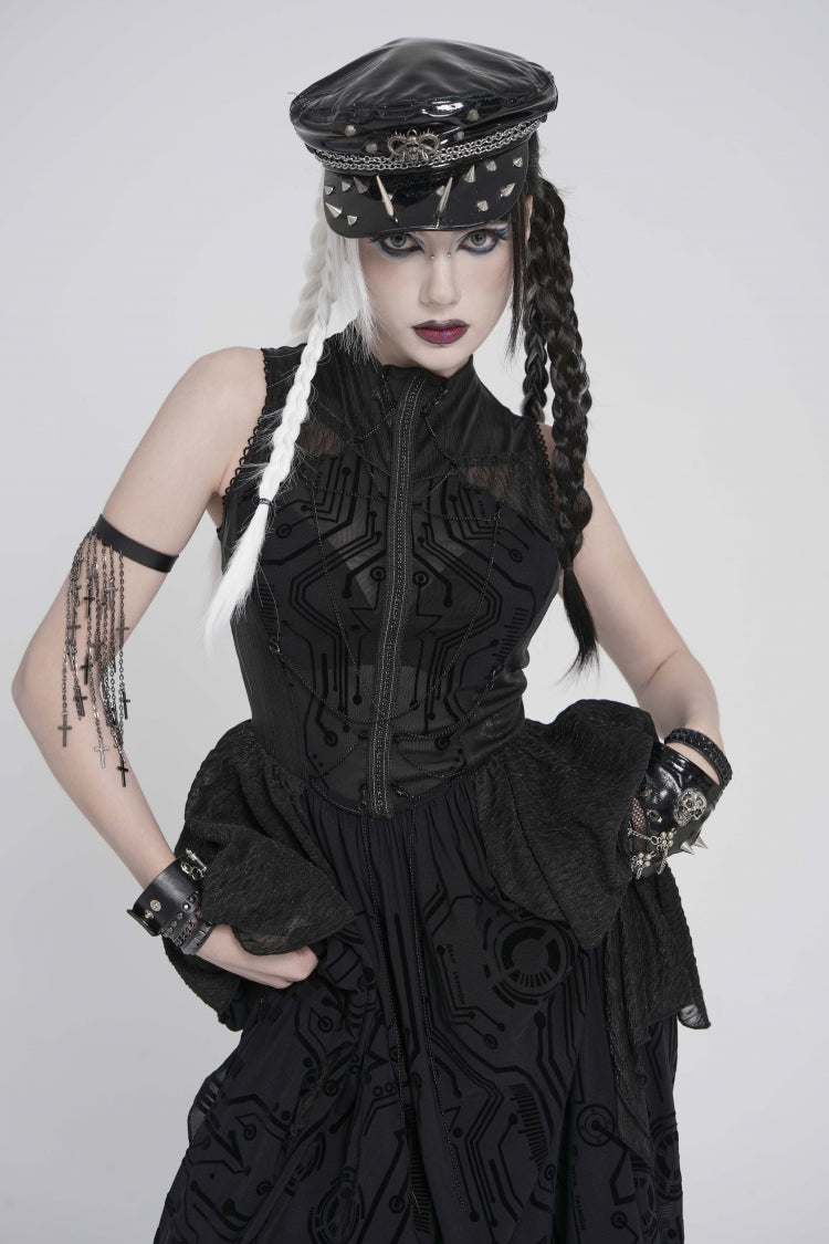 Gorgeous Black Punk Dress for Women, Layered Print with Sheer Fabric
