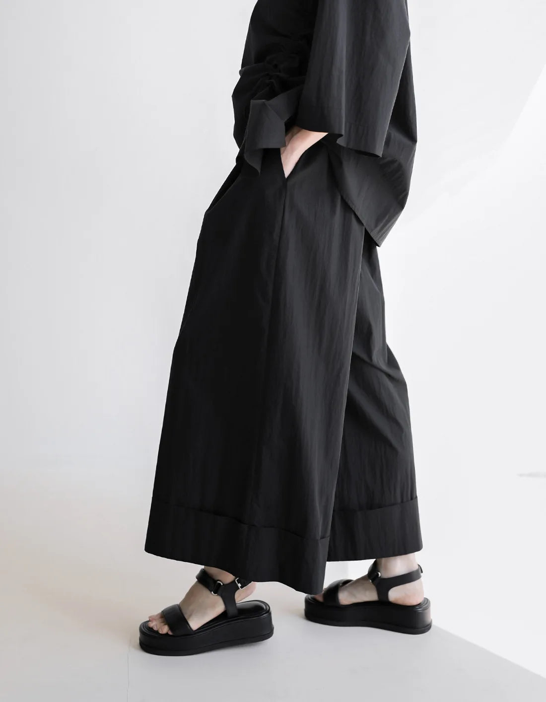 Elastic Organic Wide-Leg Waist Khaki Pants