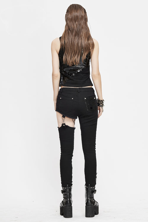 Shadow Spliced Chain-Accented Trousers with Ripped Details