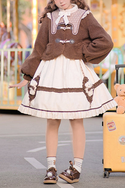 Sweet Lolita OP Gown with Round Collar, Lantern Sleeves & Cute Bear Motif