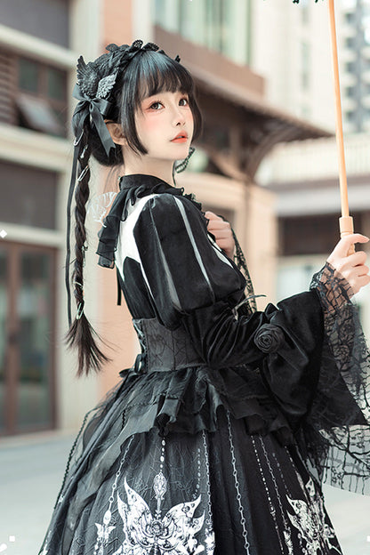Gothic Lolita Long Dress with Print, Ruffle, and Bowknot Lace in Black