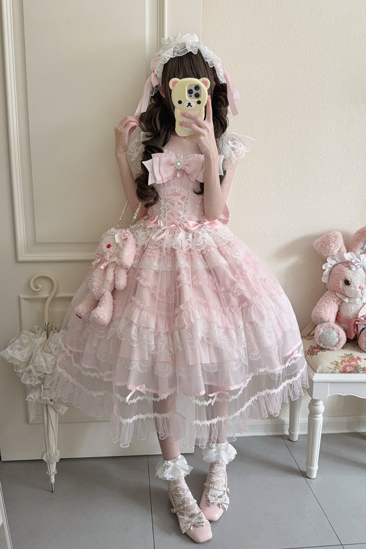 Blush Sleeveless Ruffled Lace-Up JSK with Bow