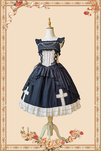 Gothic Lolita Dress with Cross Embroidery, Ruffle and Eternal Life Song Print
