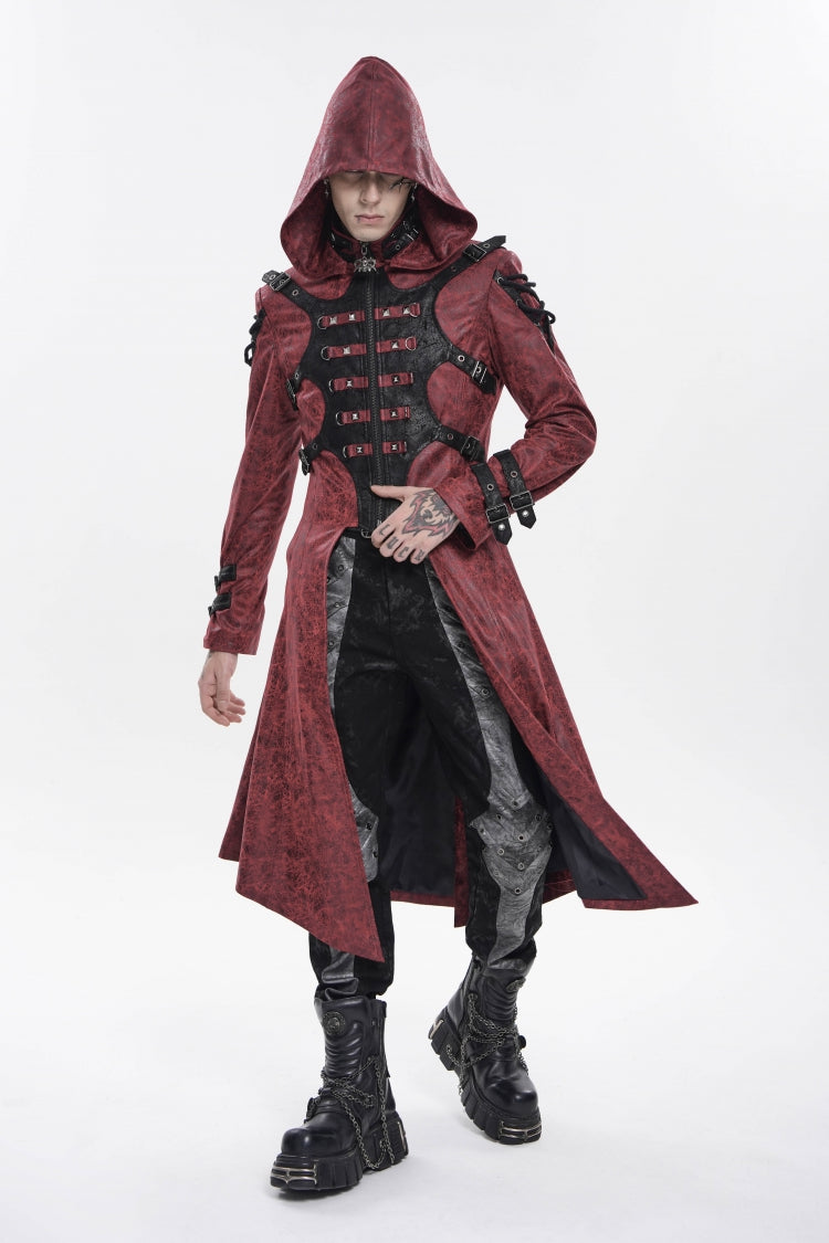 Crimson High-Neck Punk Hooded Jacket with Prints, Studs, and Zippers