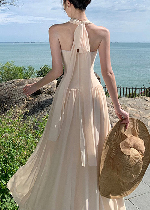 Dresses Waist Wrinkled High Long Cotton Summer Apricot