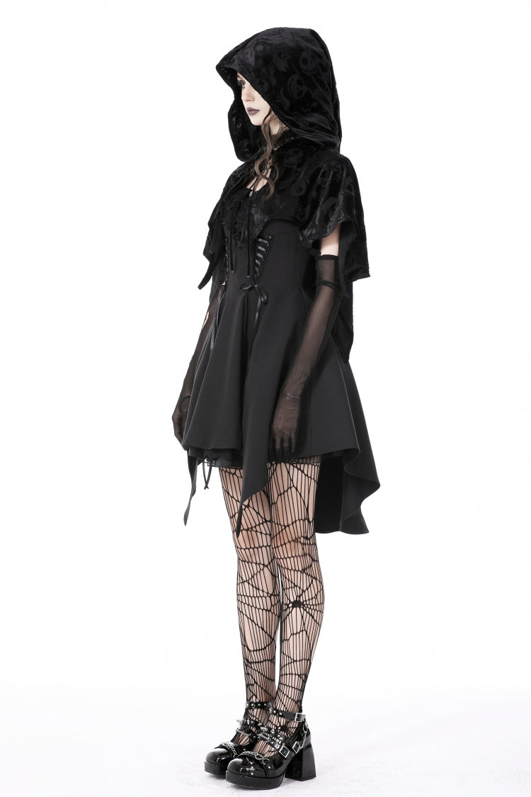 Velvet Hooded Cape with Skull Lace-Up Front
