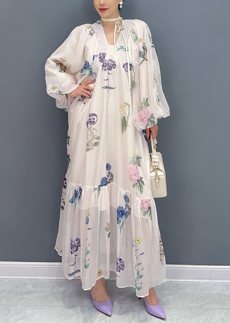 Bohemian Weiß Print Chiffon Lange Kleider Laterne Ärmel AR1027 