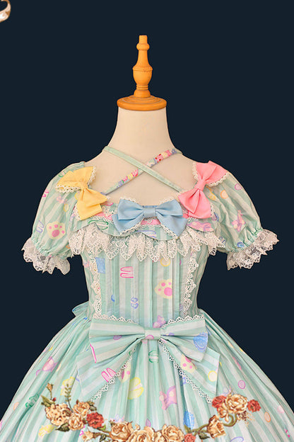 Emerald Macaron Dolly Square-Collar Lantern-Sleeve Bow Printed Dress