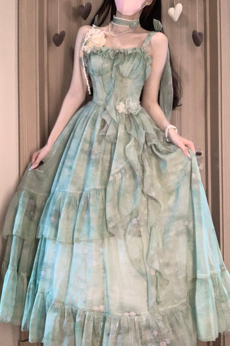 Emerald Print Ruffle Bow Sweet Lolita Long Jumper Dress