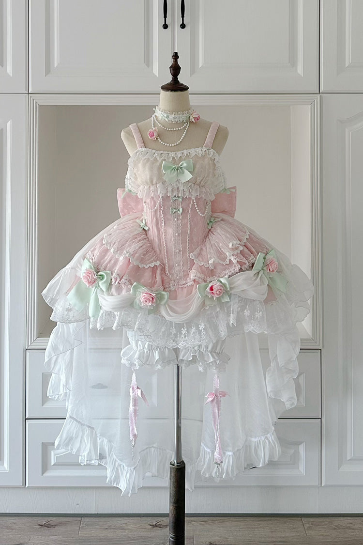 Blush Sleeveless Embroidered Bow Lace Pearl JSK with Ruffles - Honey Rose