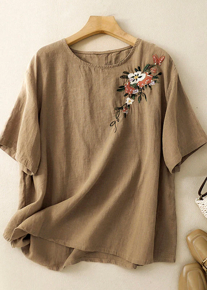 Grace Khaki O Neck Embroidered Linen T Shirts Summer QR018