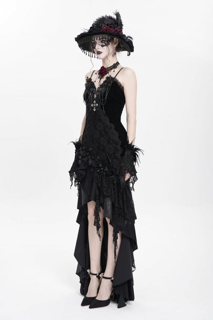 No-Sleeve Ruffled Floral Embroidered Chain Gothic Long Slip Dress