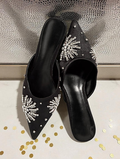 Satin Pointed Black Mules Rhinestone Women's with Toe