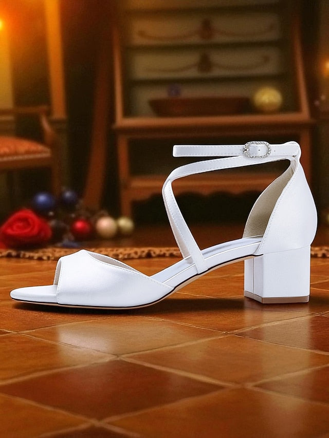Elegant Block Sandals Women's - Ankle Heel Strap Satin with