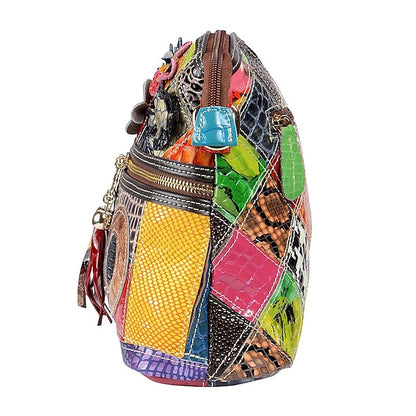 Women's Leather Shoulder Bohemian Colorful Patchwork - Bag