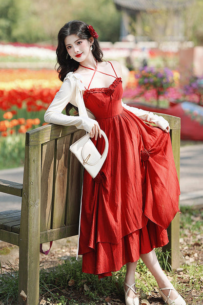 Crimson Classic Lolita JSK Dress with Double-Layered Ruffles and Rose Motif