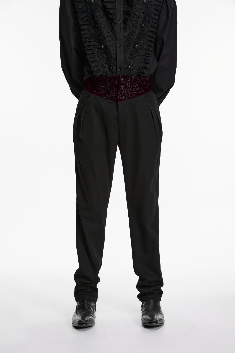 Spliced Slim Embroidered Gothic Pants for Men in Black