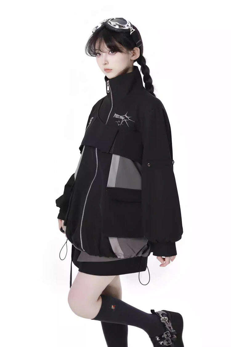 Ebony Techwear Paneled Zip Skirt & Jacket Set - Holographic Cruise