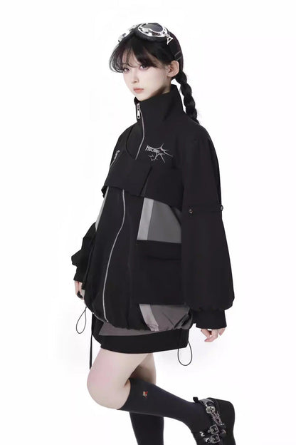 Ebony Techwear Paneled Zip Skirt & Jacket Set - Holographic Cruise