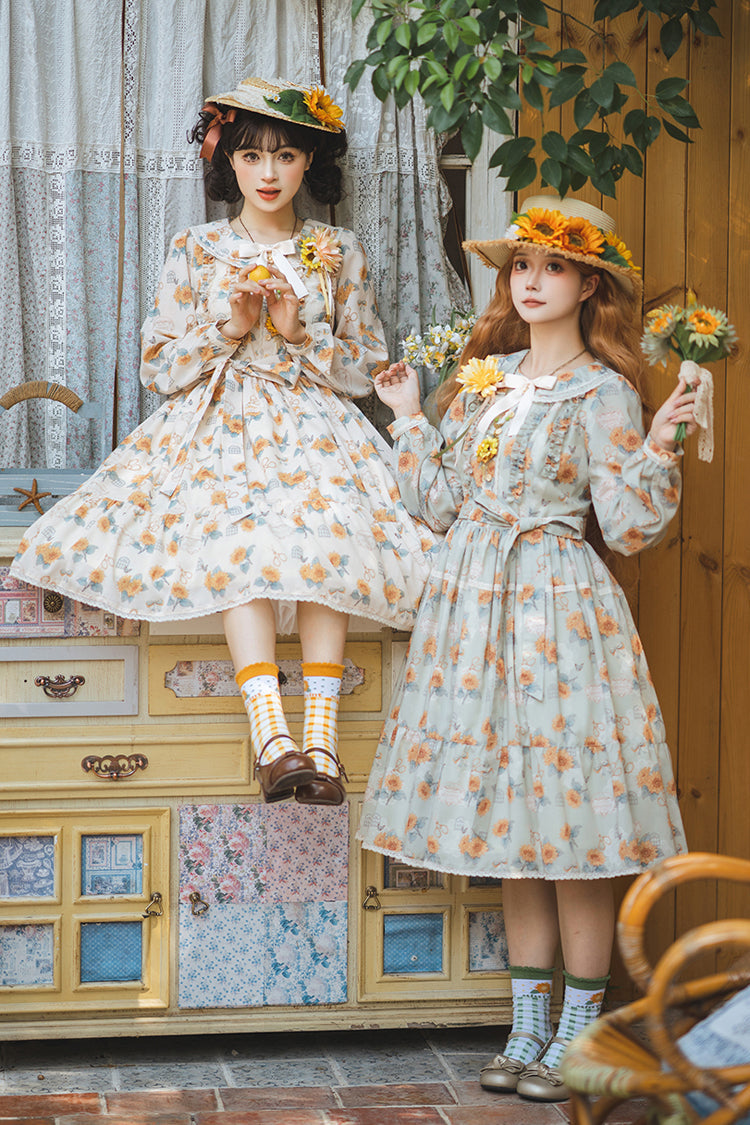 Emerald Long Sleeve Sunflower Ruffle Bow Sweet Lolita Gown
