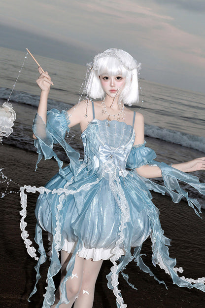 Dreamy Jellyfish Square Collar Printed Ruffled Lace JSK Set