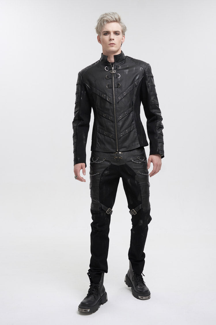 Jet-Black Punk Jacket with Mandarin Collar, Faux Leather Twill for Men