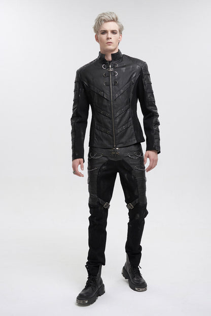Jet-Black Punk Jacket with Mandarin Collar, Faux Leather Twill for Men