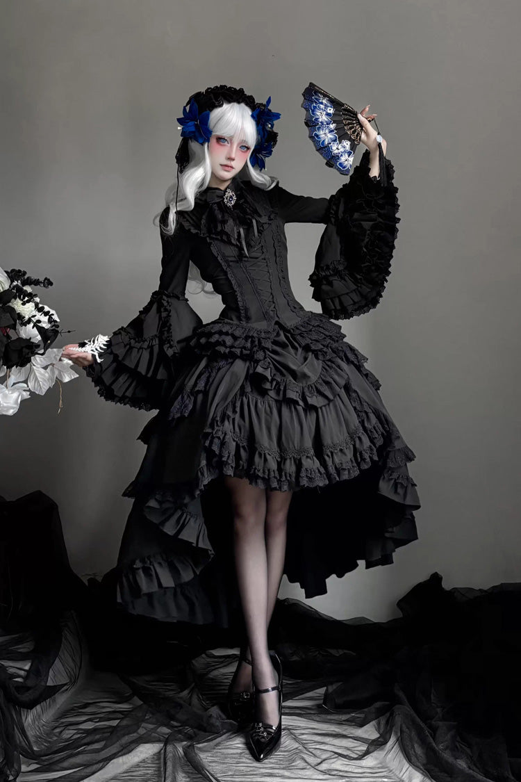 Ebony Flared Sleeve Tiered Lace-Up Bow Gothic JSK Ensemble - Immortal Phoenix