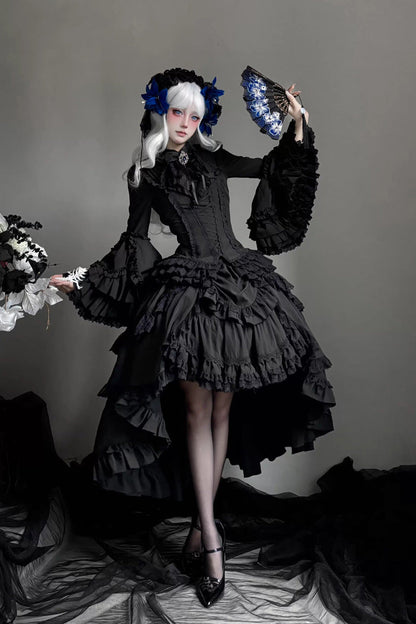 Ebony Flared Sleeve Tiered Lace-Up Bow Gothic JSK Ensemble - Immortal Phoenix