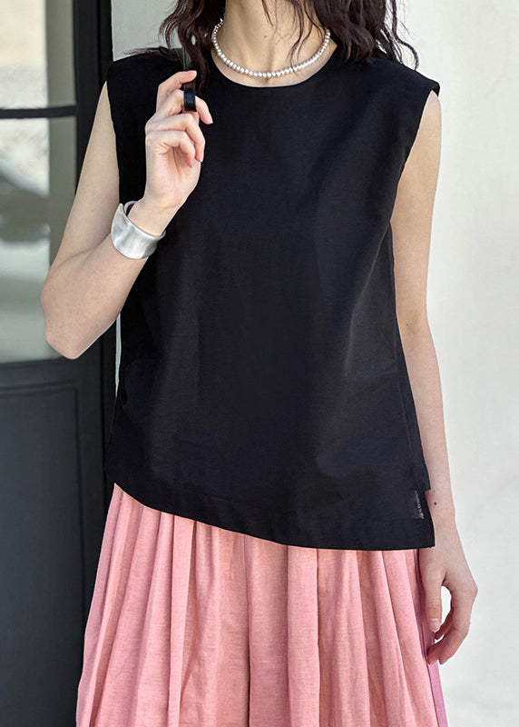 Black Cozy Solid Linen Tops O Neck Summer AF1023