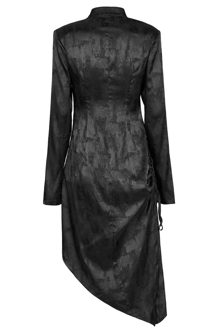 Punk Cheongsam Dress in Black Jacquard Cotton with Pointed Hem and Drawstring