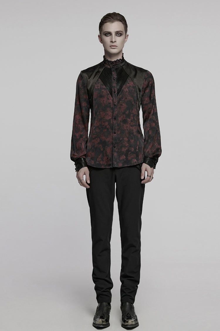 Crimson & Obsidian Stand Collar Long Sleeves Ruffle Pleated Gothic Blouse