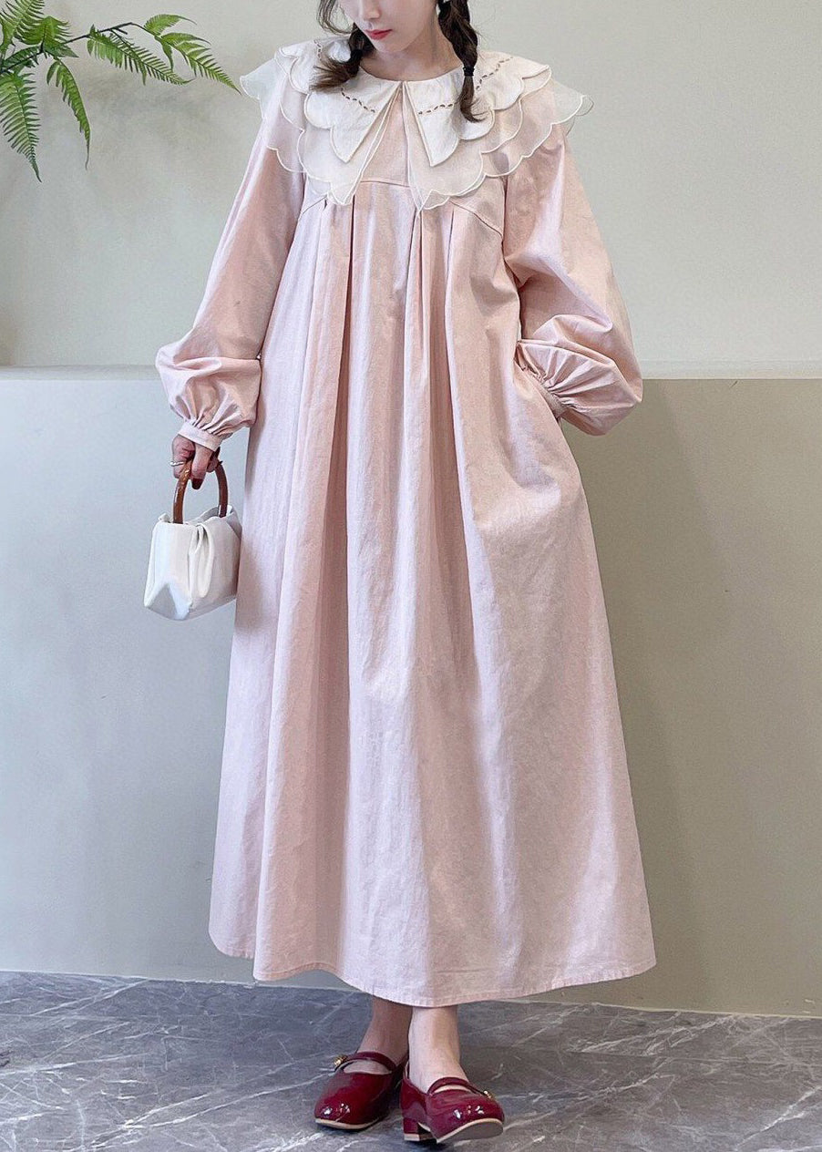 New Pink Peter Pan Collar Solid Cotton Dresses Spring NN032