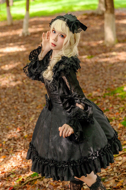 Gothic JSK Dress with Floral Print, Round Collar, and Ruffled Bow in Black