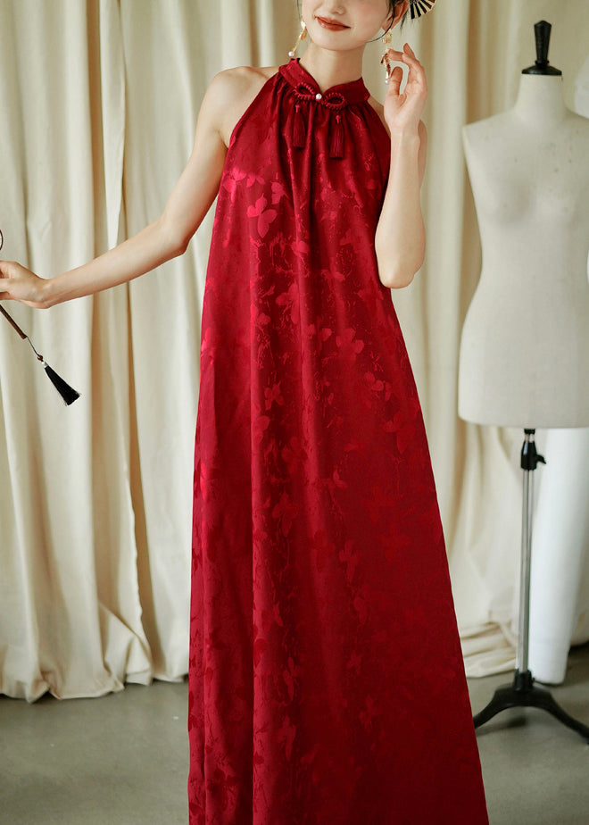 Cotton Sleeveless Jacquard Bow Maxi Red Loose Dresses