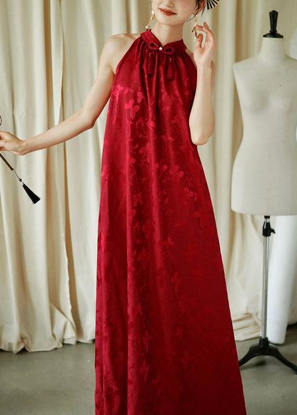 Cotton Sleeveless Jacquard Bow Maxi Red Loose Dresses