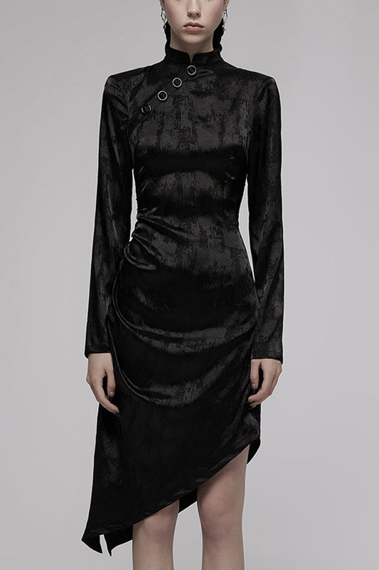 Punk Cheongsam Dress in Black Jacquard Cotton with Pointed Hem and Drawstring