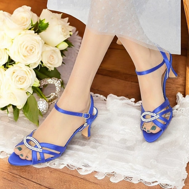 Strappy Rhinestone Dark Women's Blue Heels Satin with