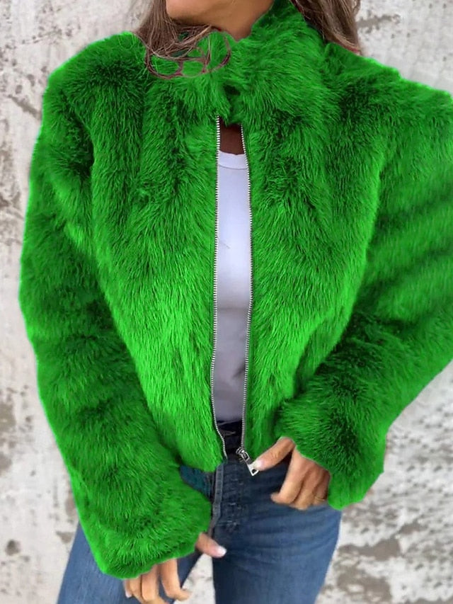 Casual Faux Zipper Plain Women's Breathable Fur Warm Coat