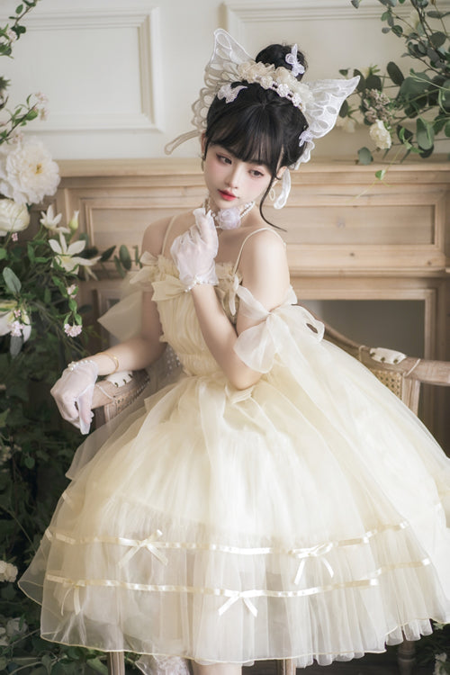 Sweet Lolita JSK Gown with High Waist, Bow Accents & Chiffon Long Cut