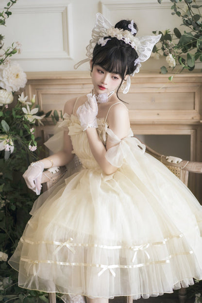 Sweet Lolita JSK Gown with High Waist, Bow Accents & Chiffon Long Cut