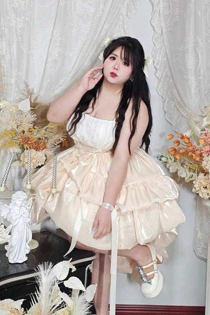 Plus Size Sweet Lolita Gown with Off-Shoulder Double-Layer Ruffles & Bow