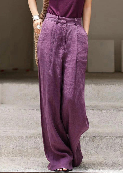 Organic Purple Pockets High Waist Linen Wide Leg Pants Fall AN1019