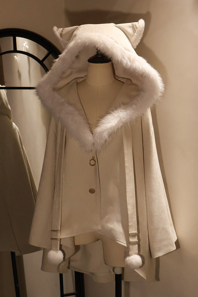 Hooded Sweet Lolita Cloak Coat with Cat Ears & Magical Charm in Cream