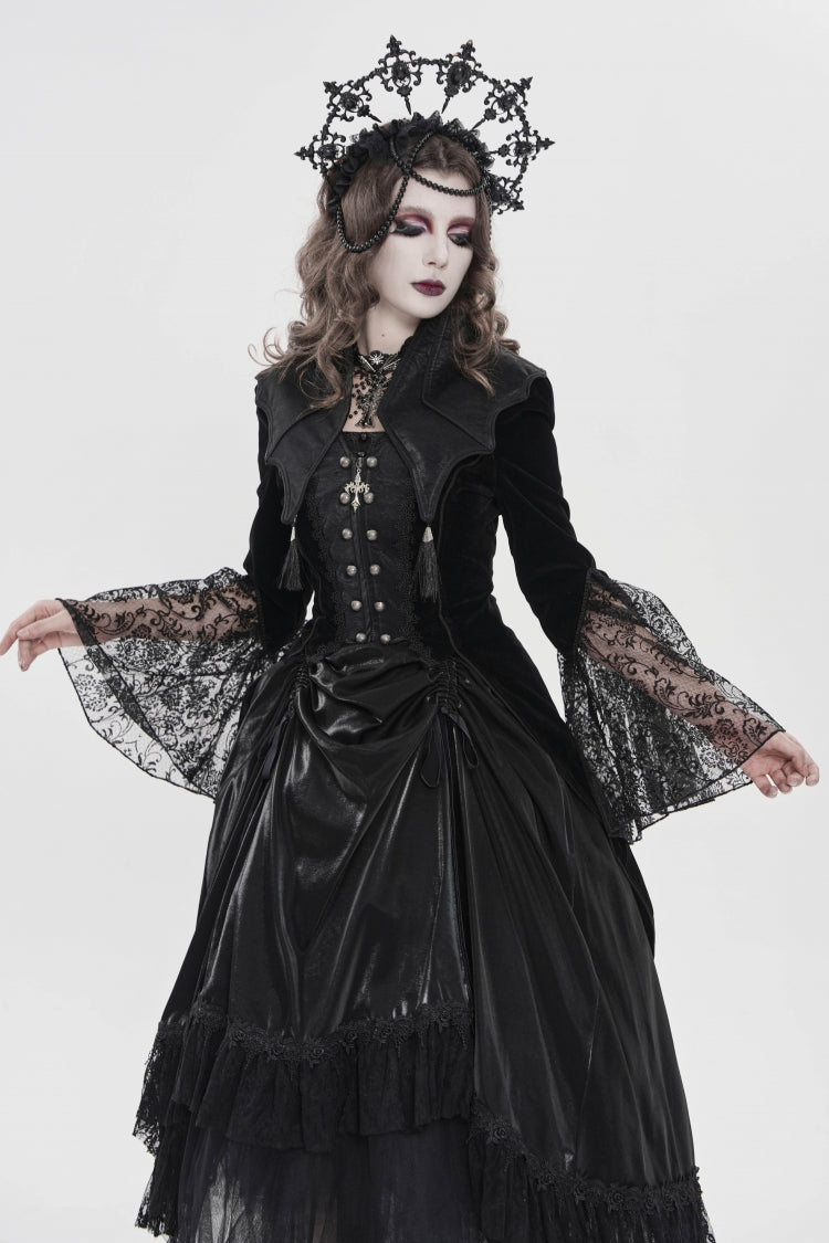 Ebony Flared-Sleeve Embroidered Lace Fitted Zip Gothic Batwing Jacket